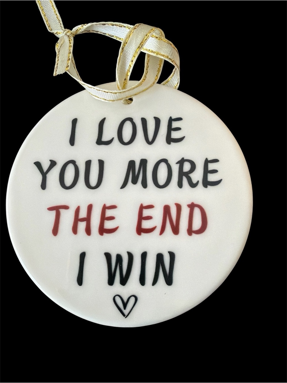 Source Unknown White Ceramic Ornament with Black and Red Lettering